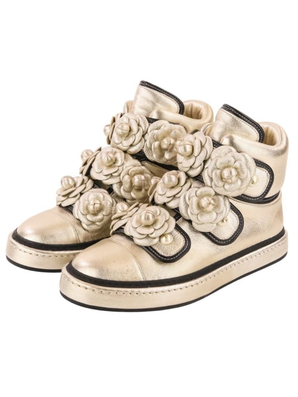 Chanel Camellia Faux Pearl CC Logo High Top Sneakers Gold Colored